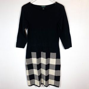 Lauren Ralph Lauren 3/4 Sleeve Cotton Blend Buffalo Check Sweater Dress Sz M